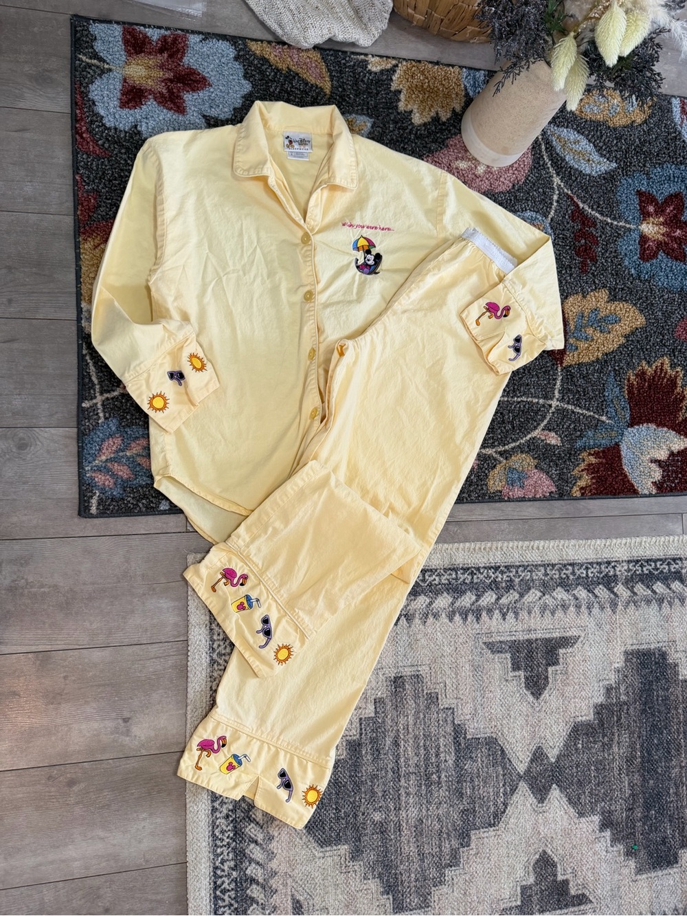 VTG 90s Disney World Mickey Mouse Embroidered Pajamas Set Women Small Cotton - Picture 4 of 16